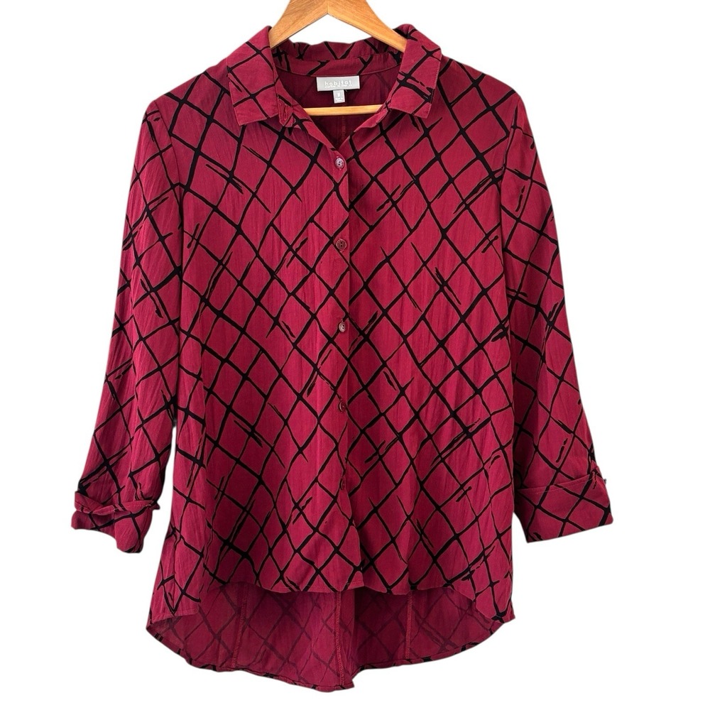 Habitat Geometric Button Up Tunic Top Womens‎ M Red Black Artsy Lagenlook